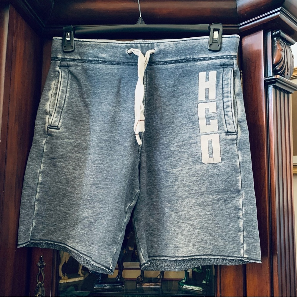 Hollister y2k Men’s S Blue Distressed Sweat Shorts Drawstring Logo Pockets Beach